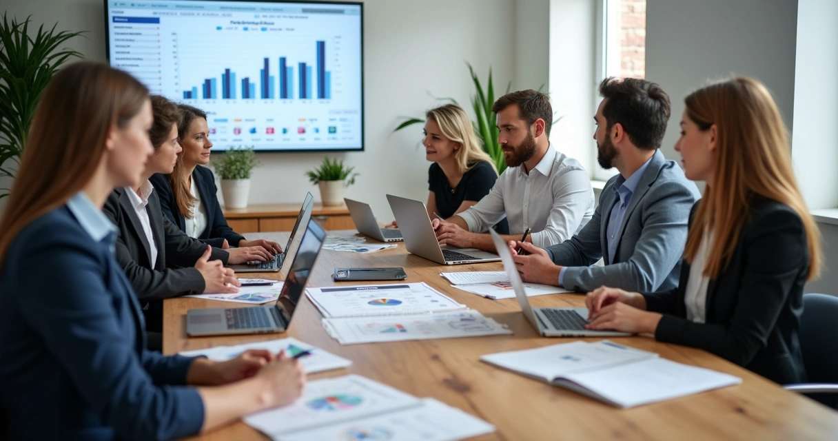 Equipe de contabilidade em reunião de planejamento de vendas 
