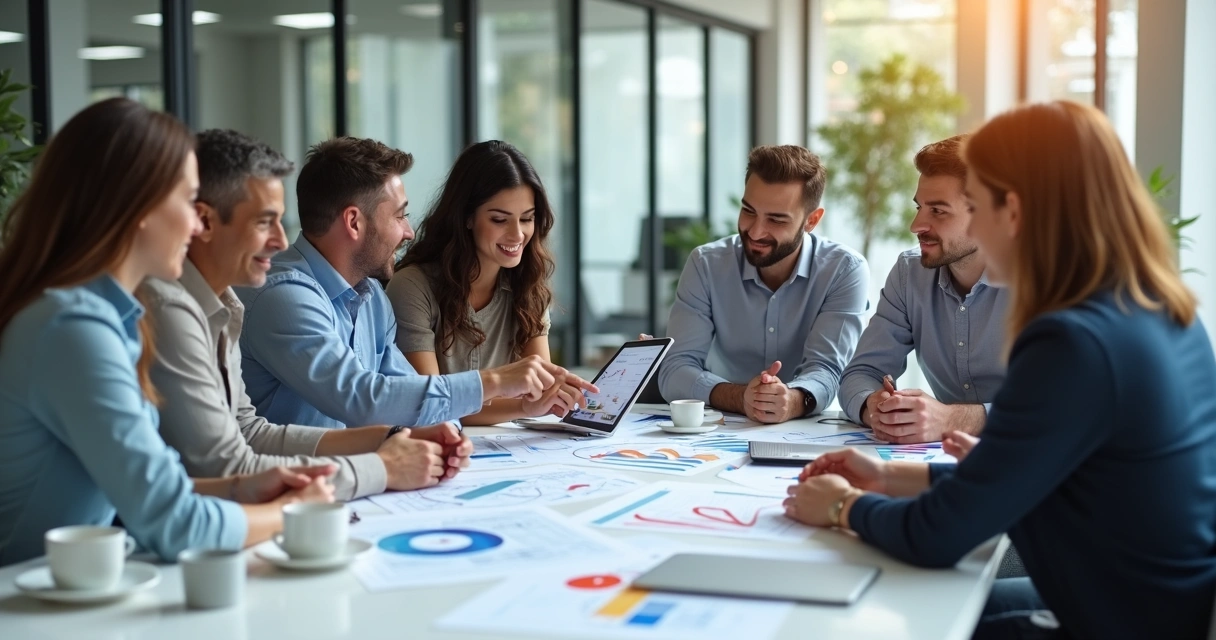 Equipe de contabilidade em reunião analisando gráficos impressos na mesa 