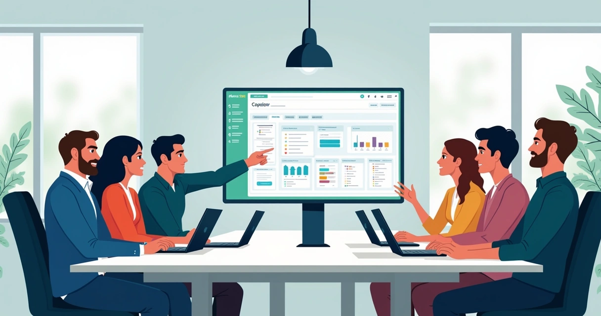 Funcionários em reunião analisando tela com Copilot do Microsoft 365 