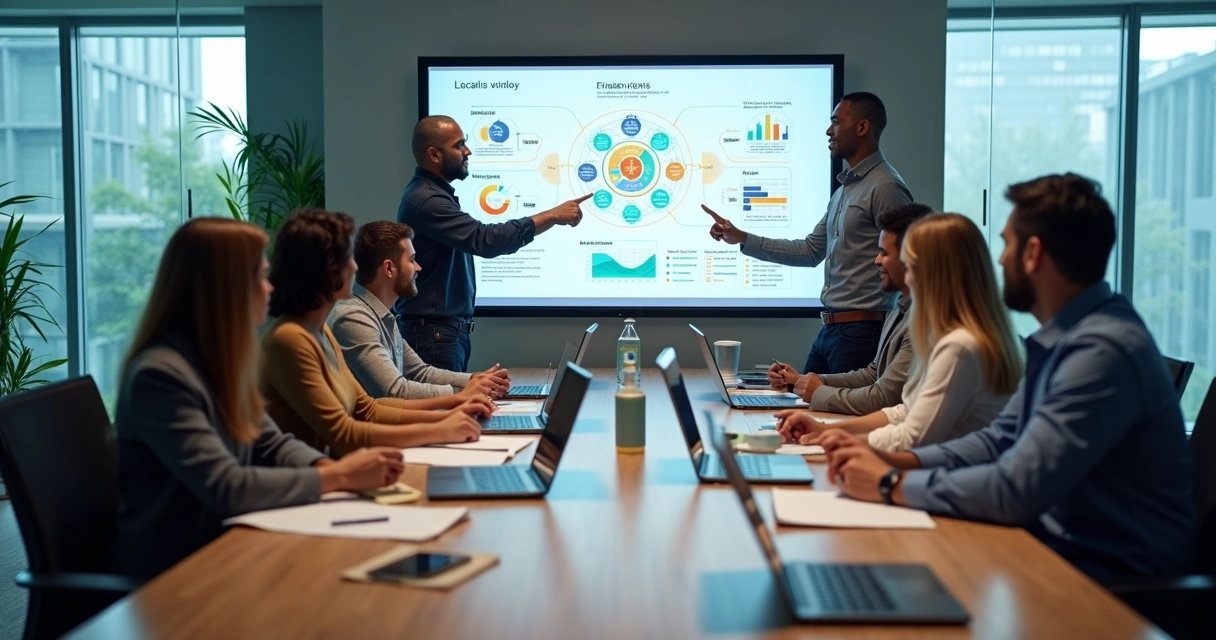 Equipe diversa em reunião estratégica em escritório moderno com ícones de sustentabilidade na parede 