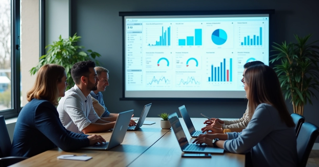 Equipe discutindo dados de clientes em uma sala de reunião