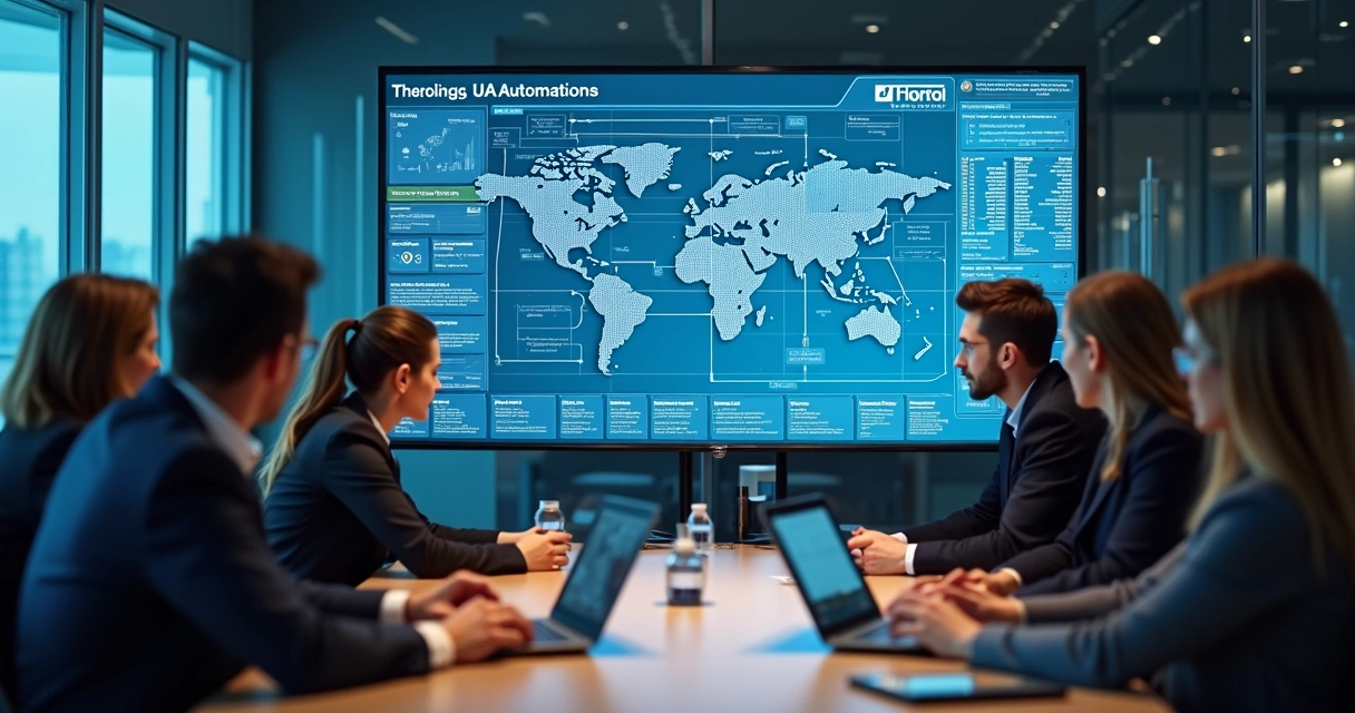 Equipe reunida em sala de reunião analisando fluxos de dados em um painel digital 