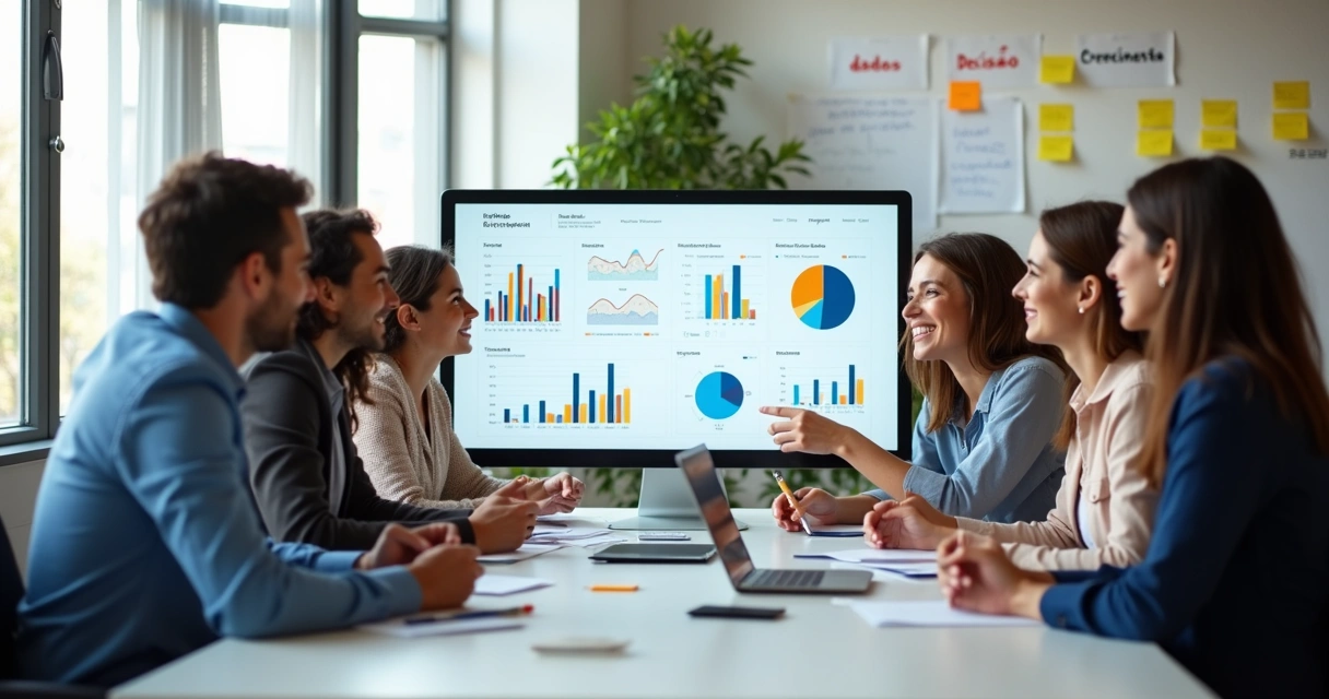 Reunião de equipe mostrando gráficos simples em um computador