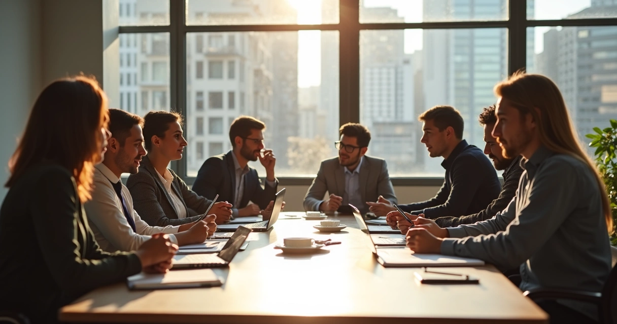 Equipe reunida em mesa de reunião, discutindo ideias de forma colaborativa