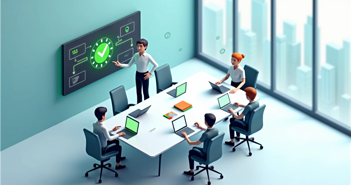 Equipe em reunião dinâmica tomando decisão rápida em mesa de trabalho moderna 