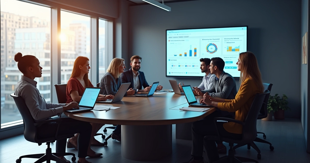Equipe de reunião ao redor de mesa com gráficos e tecnologia 