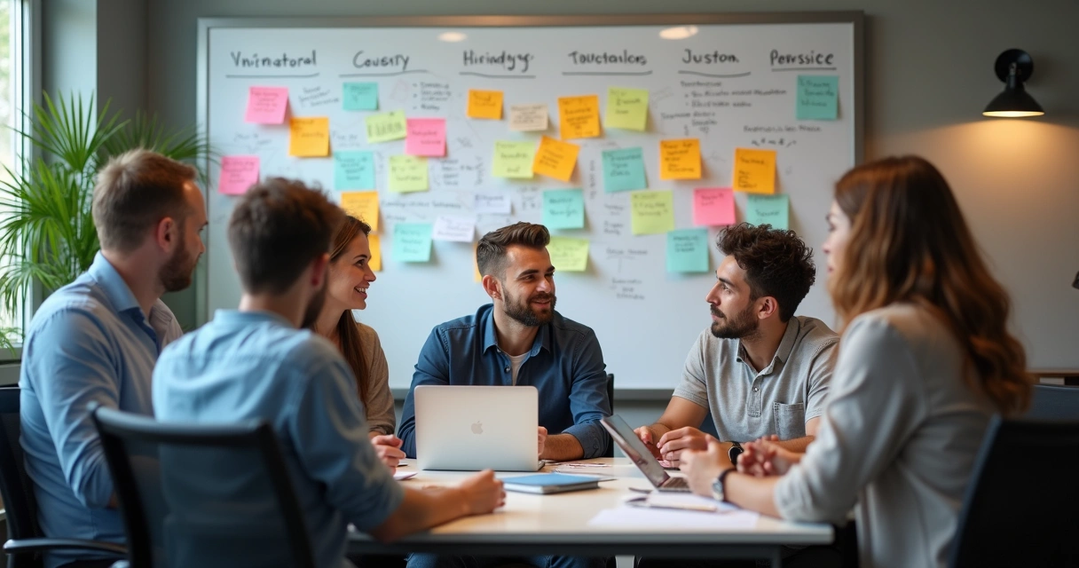 Equipe reunida discutindo definição de cliente com post-its na parede 