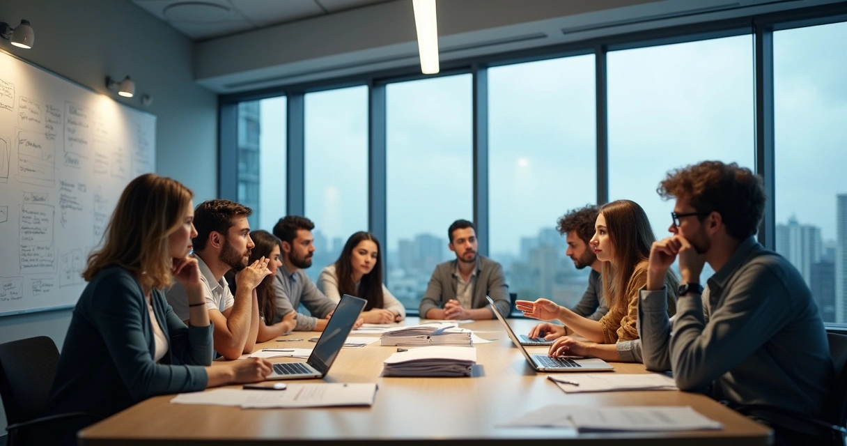 Reunião de equipe com expressões confusas, planilhas e papéis sobre a mesa. 