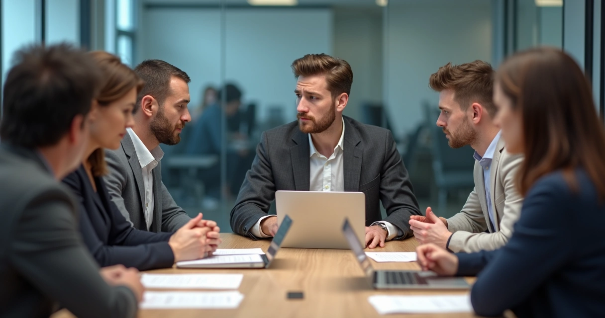 Equipe em reunião, com membros olhando desconfiados uns para os outros 