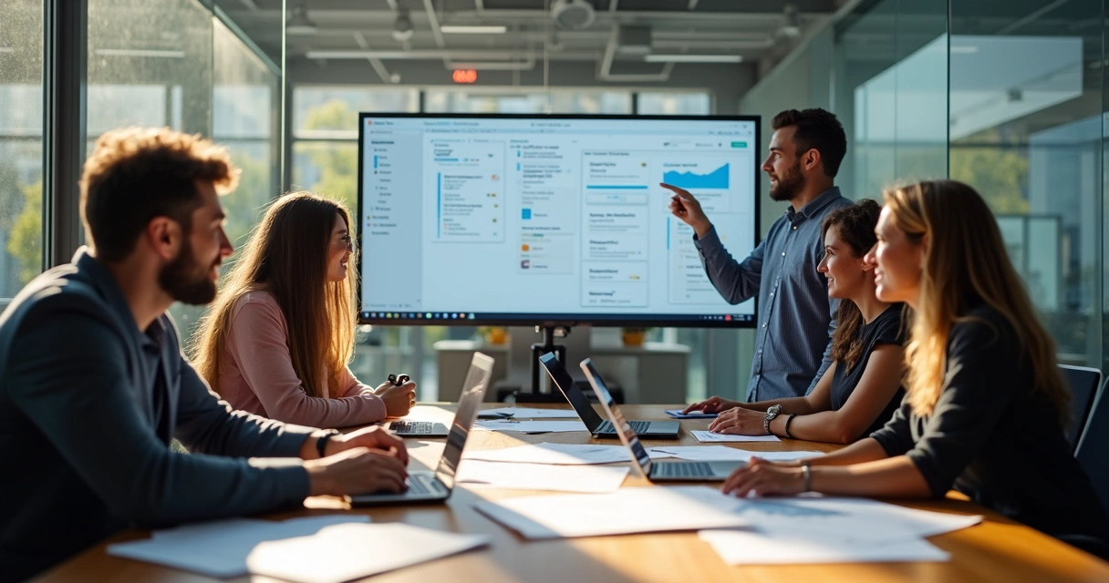 Equipe de desenvolvimento discutindo em volta de uma mesa de reunião