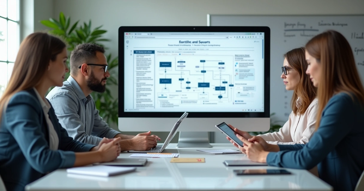 Equipe de desenvolvimento discutindo projeto ao redor de mesa com telas de sistema 