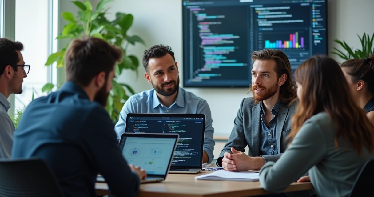 Equipe técnica reunida em discussão sobre projetos de software 