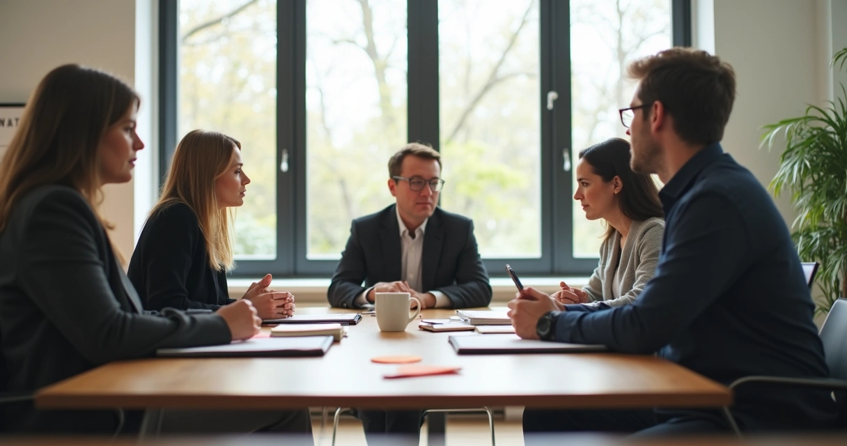 Equipe de trabalho sentada à mesa durante uma reunião discreta, todos atentos, com expressões de escuta e reflexão 