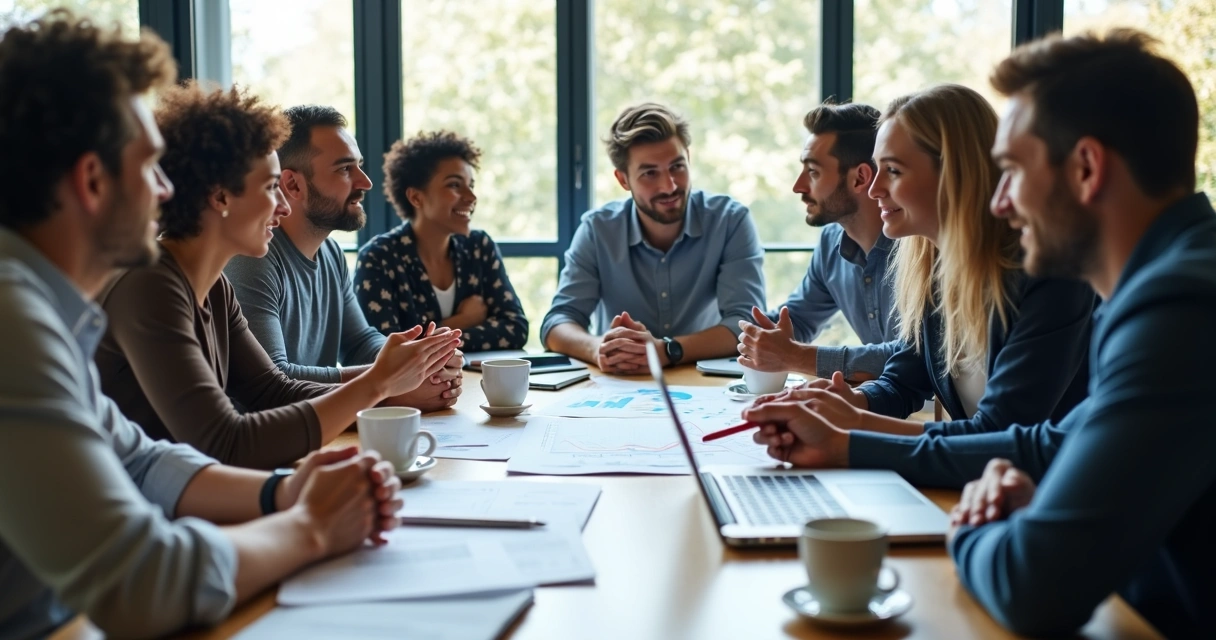 Equipe reunida em diálogo em sala iluminada 