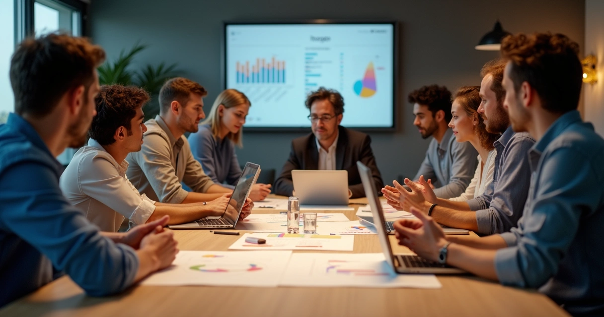 Equipe reunida em mesa colaborando em ambiente de trabalho