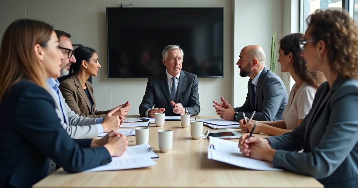 Equipe em reunião, pessoas trocando ideias com expressões serenas e cadernos abertos sobre a mesa 