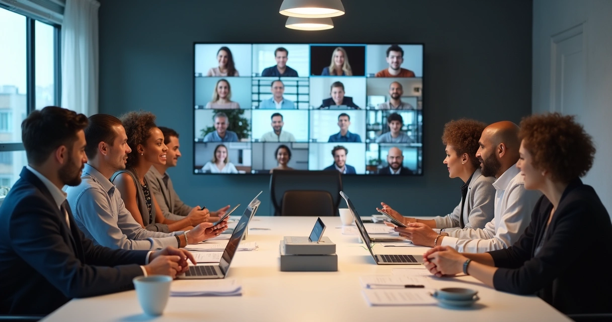 Equipe reunida em videoconferência, tablets e telas compartilhadas