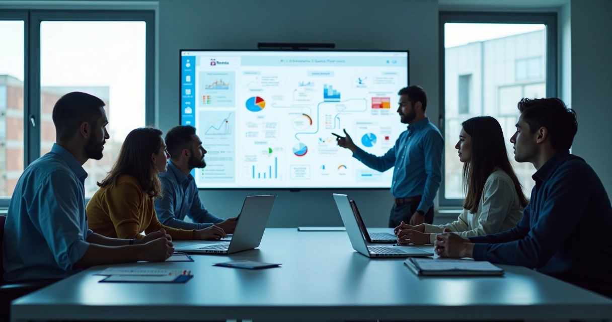 Equipe reunida em uma sala discutindo digitalização comercial 