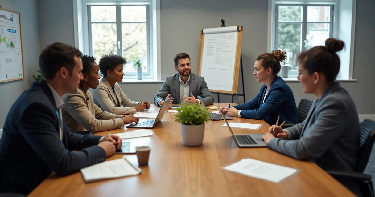 Equipe reunida ao redor de uma mesa de trabalho, discutindo ideias e estudando relatórios 