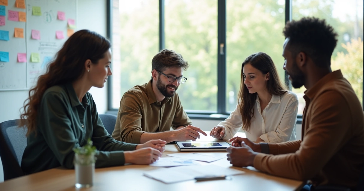 Equipe em reunião ao redor de uma mesa discutindo de forma colaborativa 