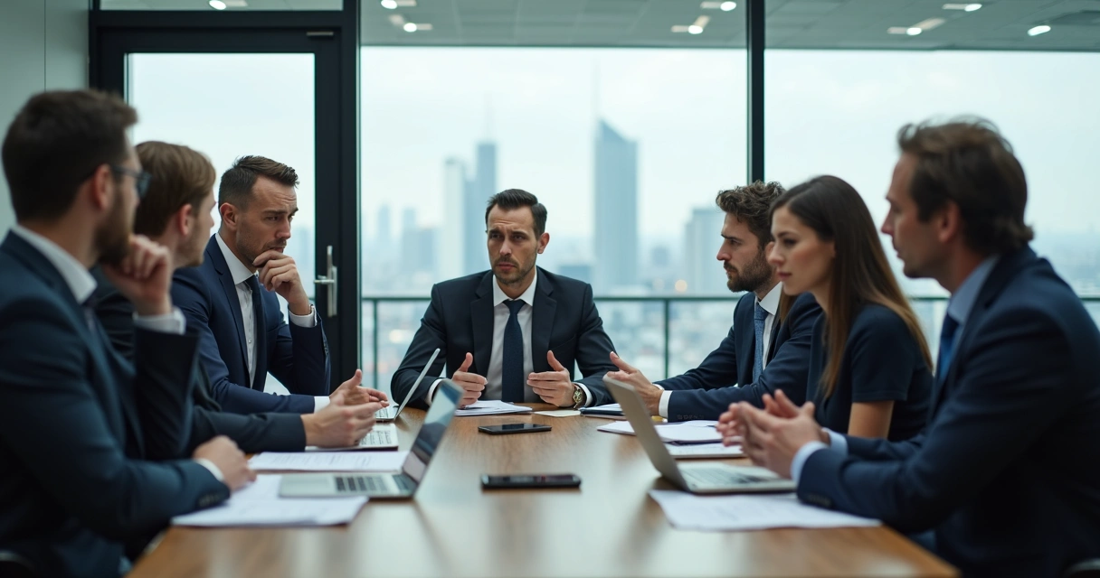 Equipe em reunião ao redor de uma mesa discutindo e demonstrando tensão