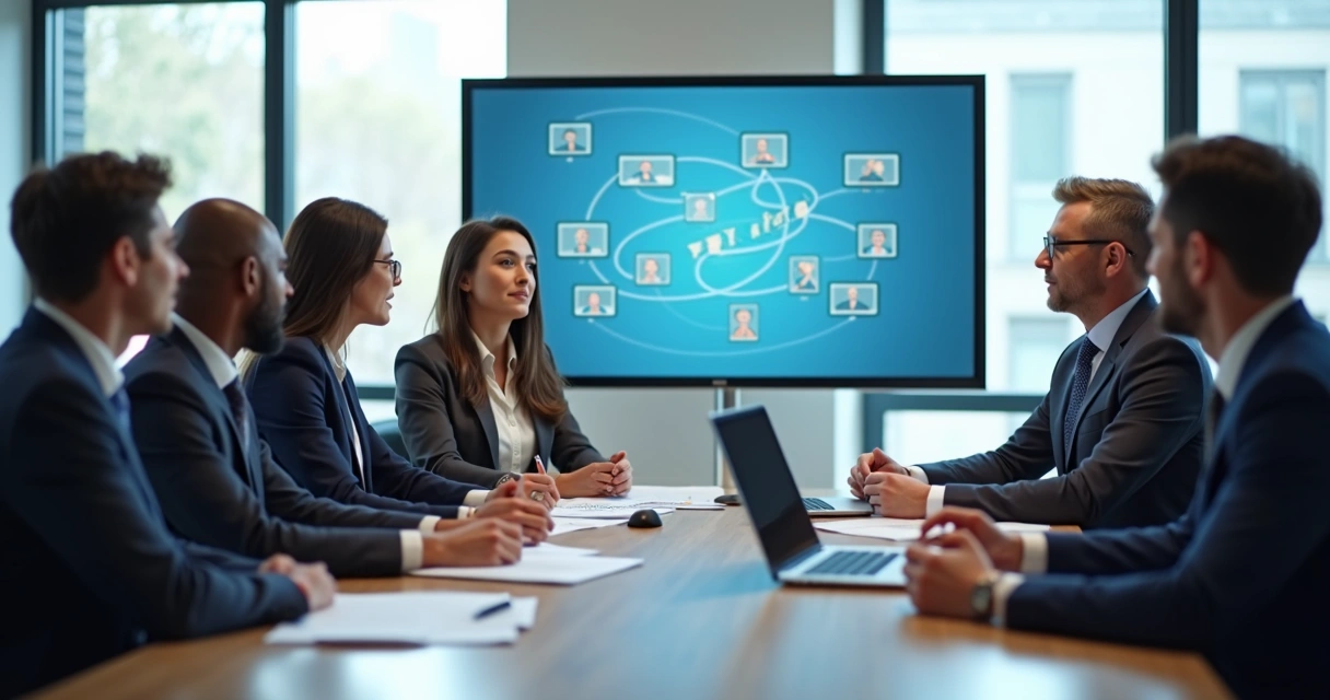 Equipe reunida em sala de reunião discutindo roteiro de oferta integrada de soluções 