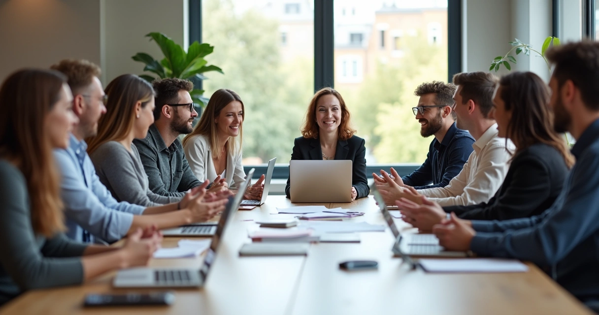 Equipe diversa sentada à mesa em reunião discutindo projetos juntos, ambiente de trabalho moderno.