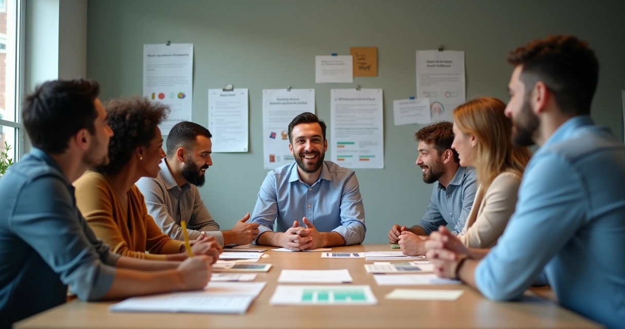 Equipe diversa reunida em ambiente de trabalho claro 