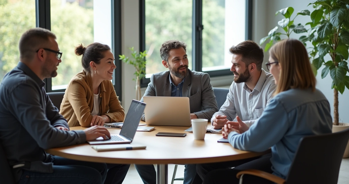 Equipe reunida em sala moderna com diferentes idades e etnias, colaborando em torno de uma mesa redonda 