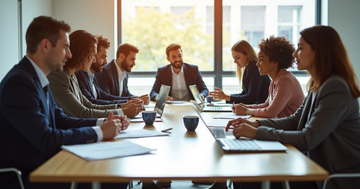 Equipe diversa reunida à mesa de trabalho em conversa colaborativa 