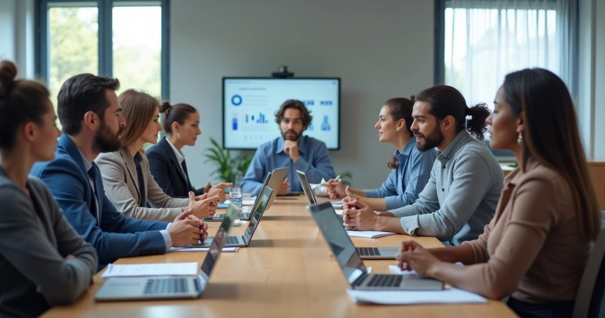 Equipe diversa em reunião com líder ouvindo contribuições 