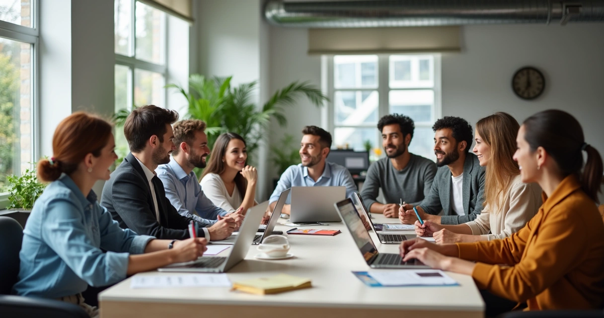 Grupo de colaboradores diversos em reunião em ambiente de escritório moderno. 