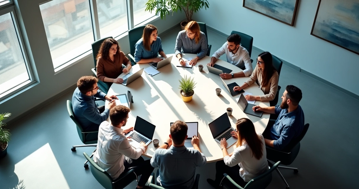 Equipe de trabalho diversa em reunião ao redor de mesa 