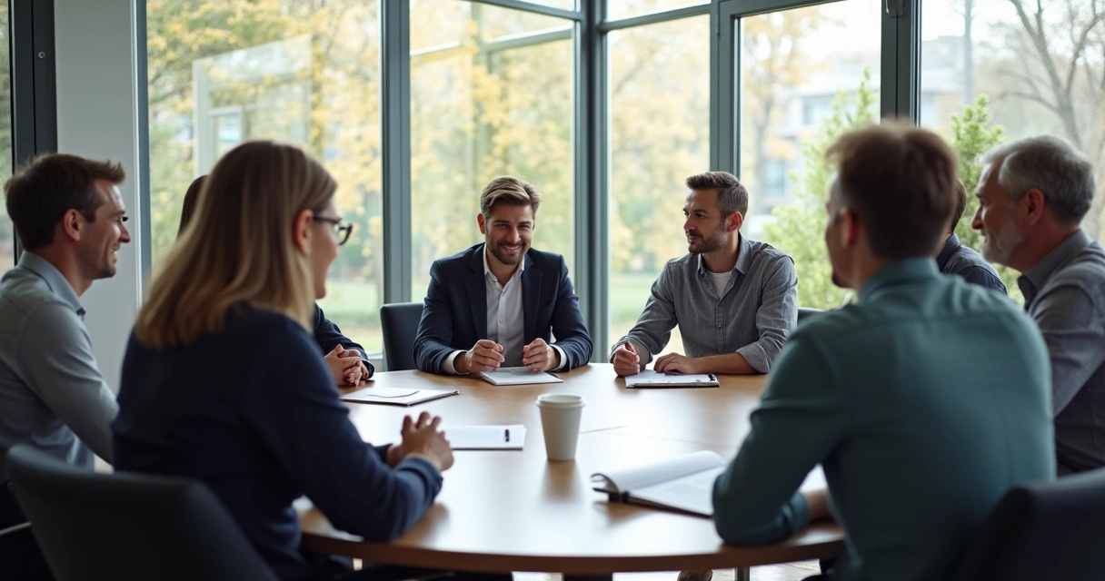 Equipe diversificada sentada em círculo conversando em uma sala de reunião moderna 