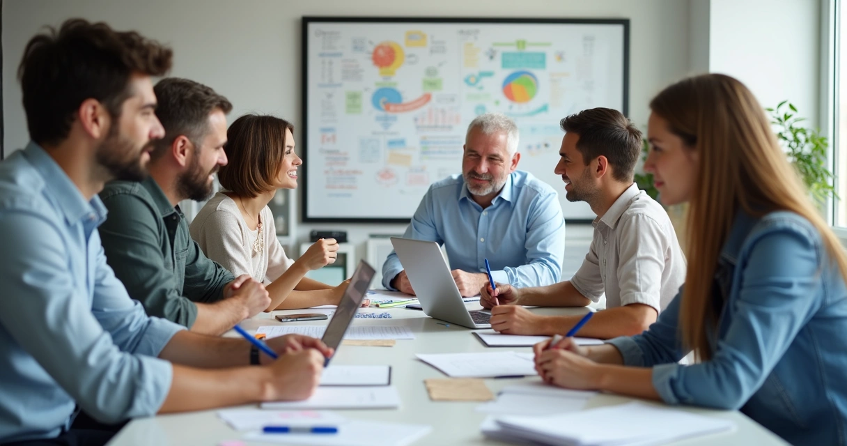 Equipe diversa reunida em sala de reuniões discutindo um projeto com papéis, canetas e expressão de envolvimento 
