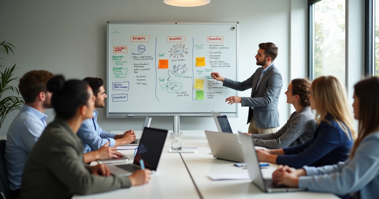 Equipe em reunião com quadro e anotações visuais