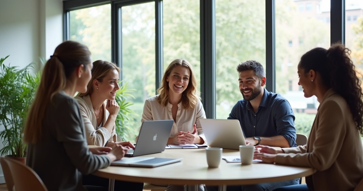 Equipe reunida discutindo projetos de forma colaborativa