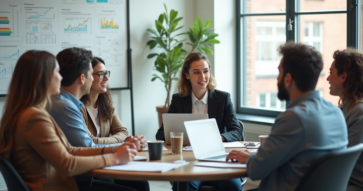 Equipe diversa reunida ao redor de mesa redonda, discutindo em ambiente iluminado 