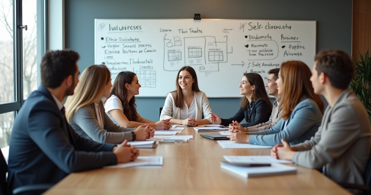 Reunião de equipe diversa em sala de reunião, quadro branco com anotações