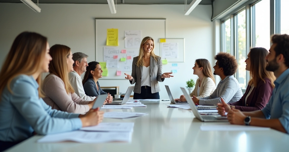 Equipe diversa reunida em uma sala de reunião moderna