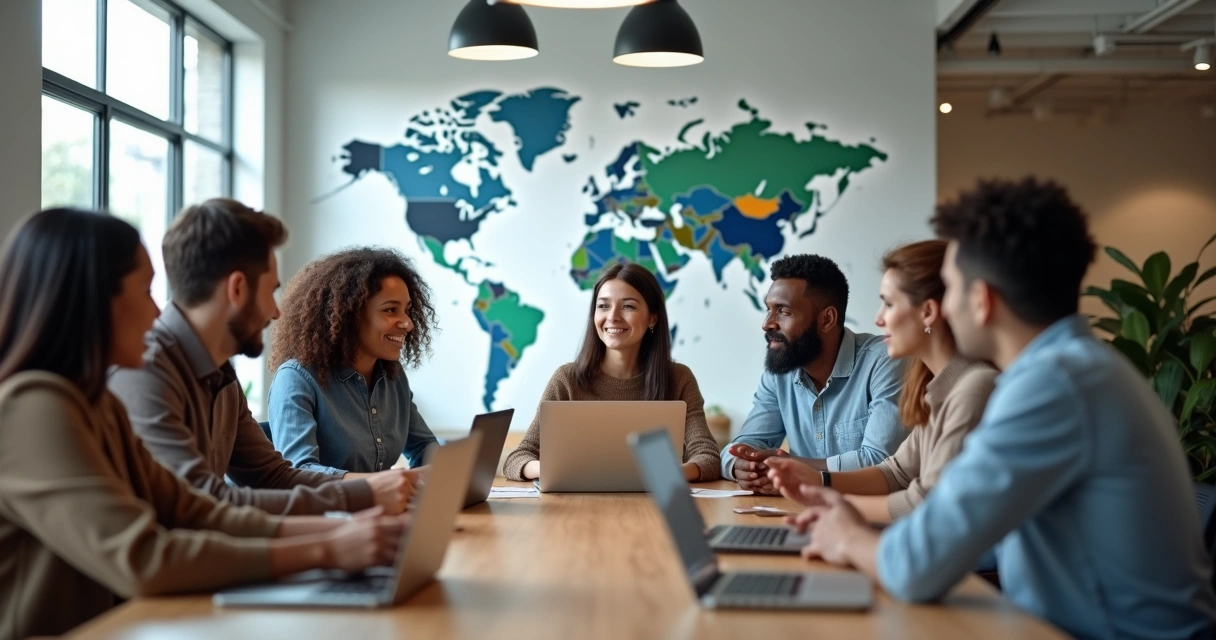 Equipe global reunida ao redor de uma mesa com laptops 