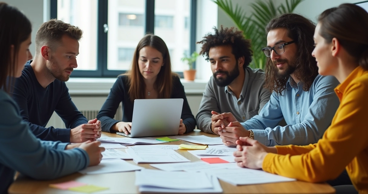 Equipe reunida em uma mesa de trabalho, colaborando em um ambiente de escritório 