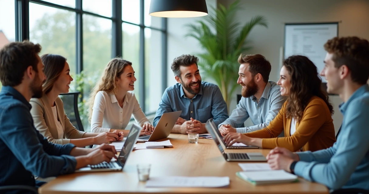 Equipe diversa em reunião em sala moderna, colaborando em troca de ideias