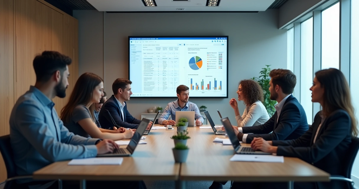 Equipe reunida em sala, discutindo gestão documental digital
