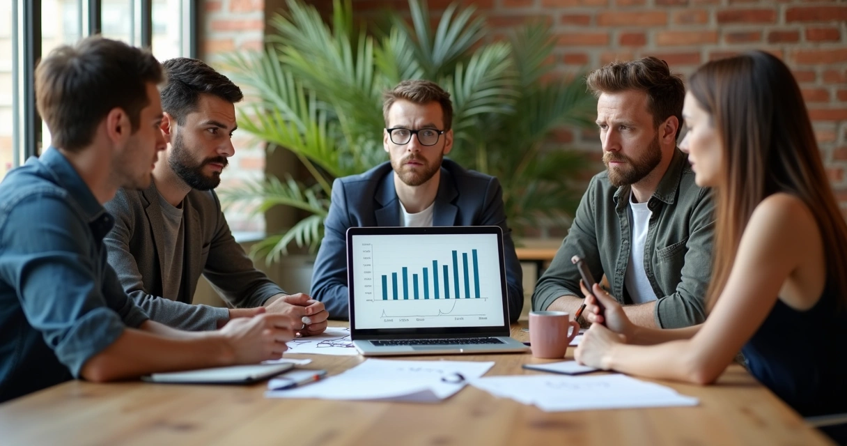 Equipe discutindo ideia com dúvidas em sala moderna