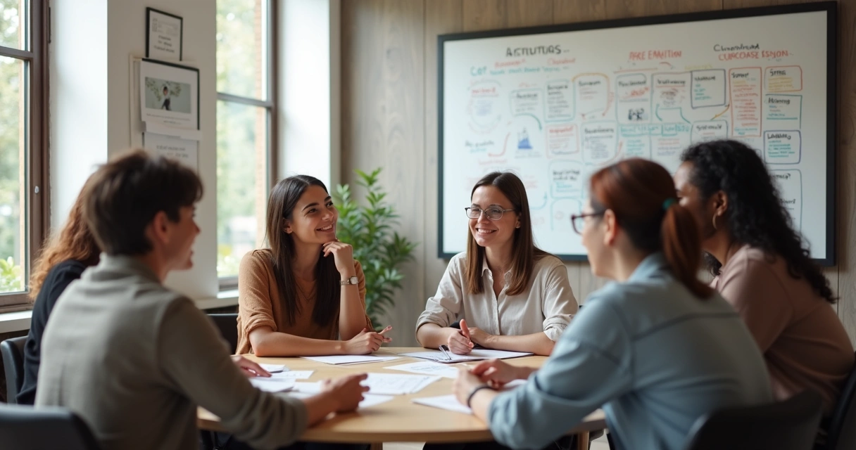 Reunião de equipe em mesa redonda, com expressões de escuta e empatia entre diferentes pessoas 
