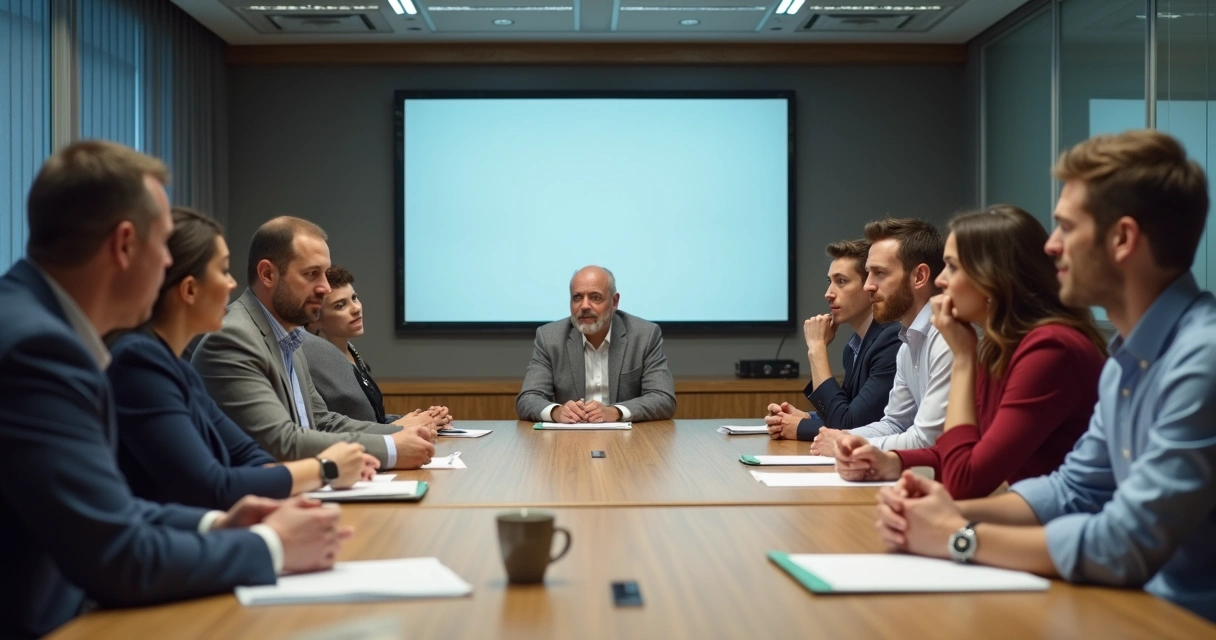 Equipes reunidas em sala de reunião, expressando emoções variadas durante discussão 