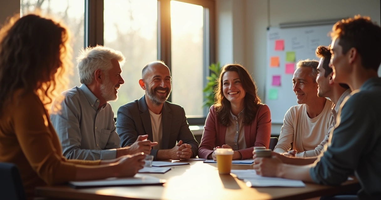 Equipe de diferentes idades sentada em círculo durante reunião