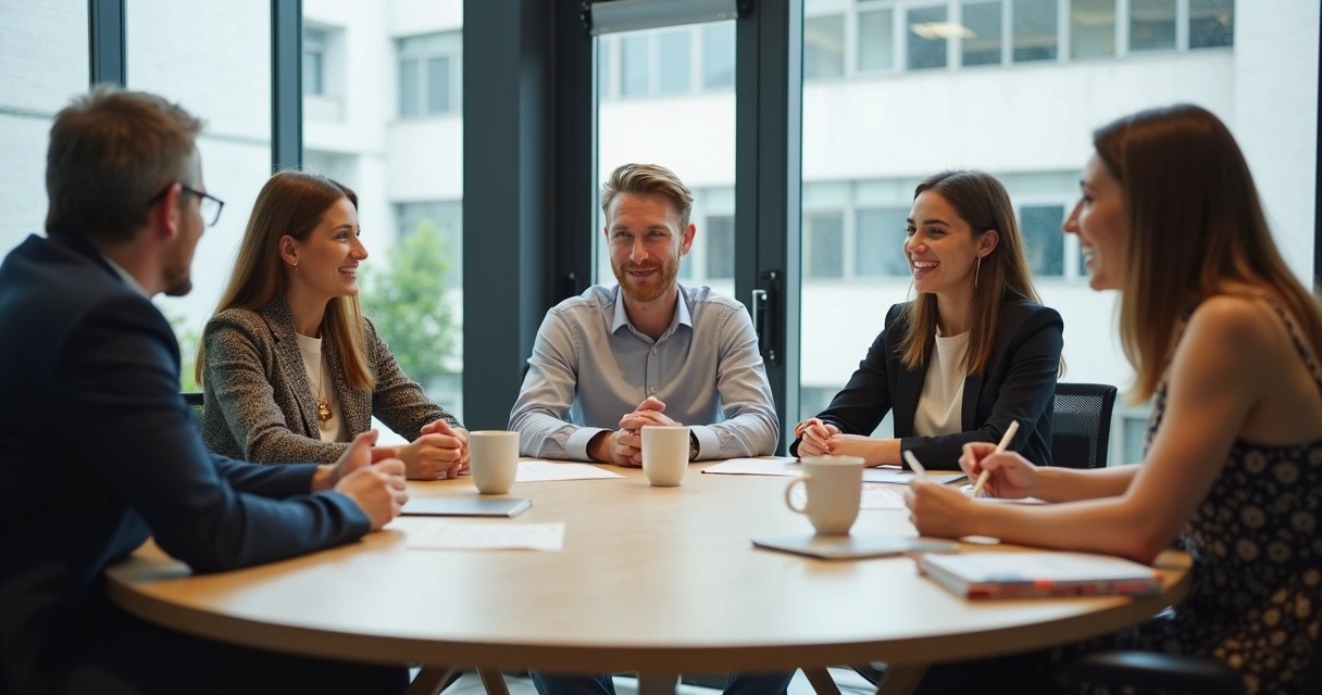 Reunião de equipe sentados em círculo com expressão positiva