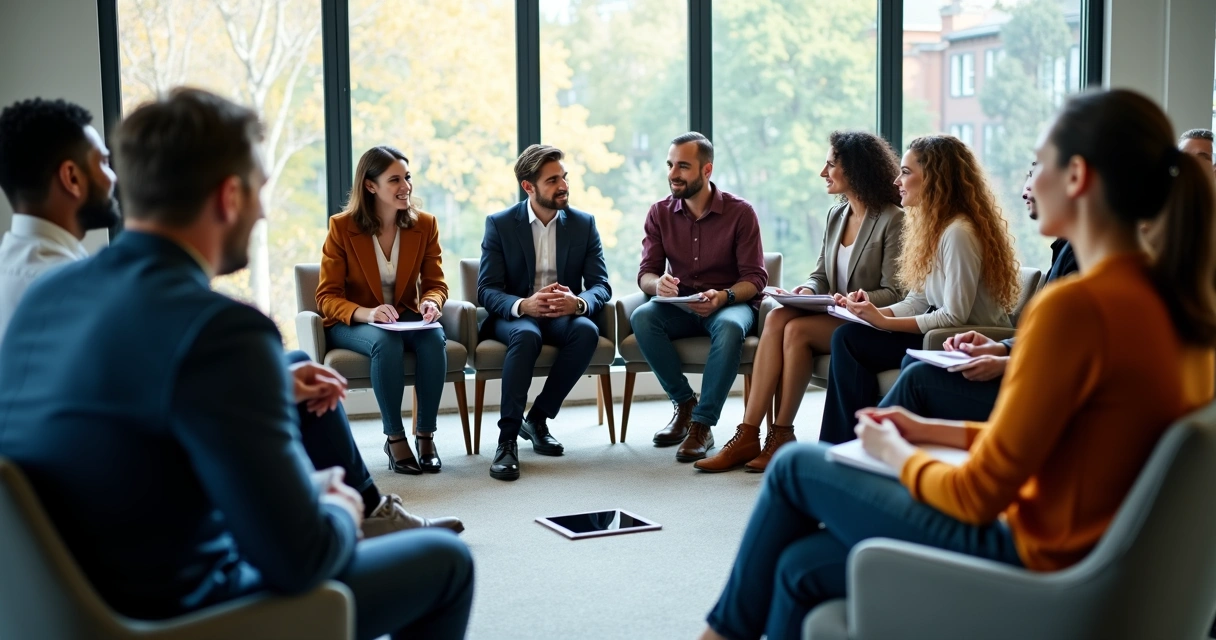Equipe em reunião, sentados em círculo, demonstrando conexão 